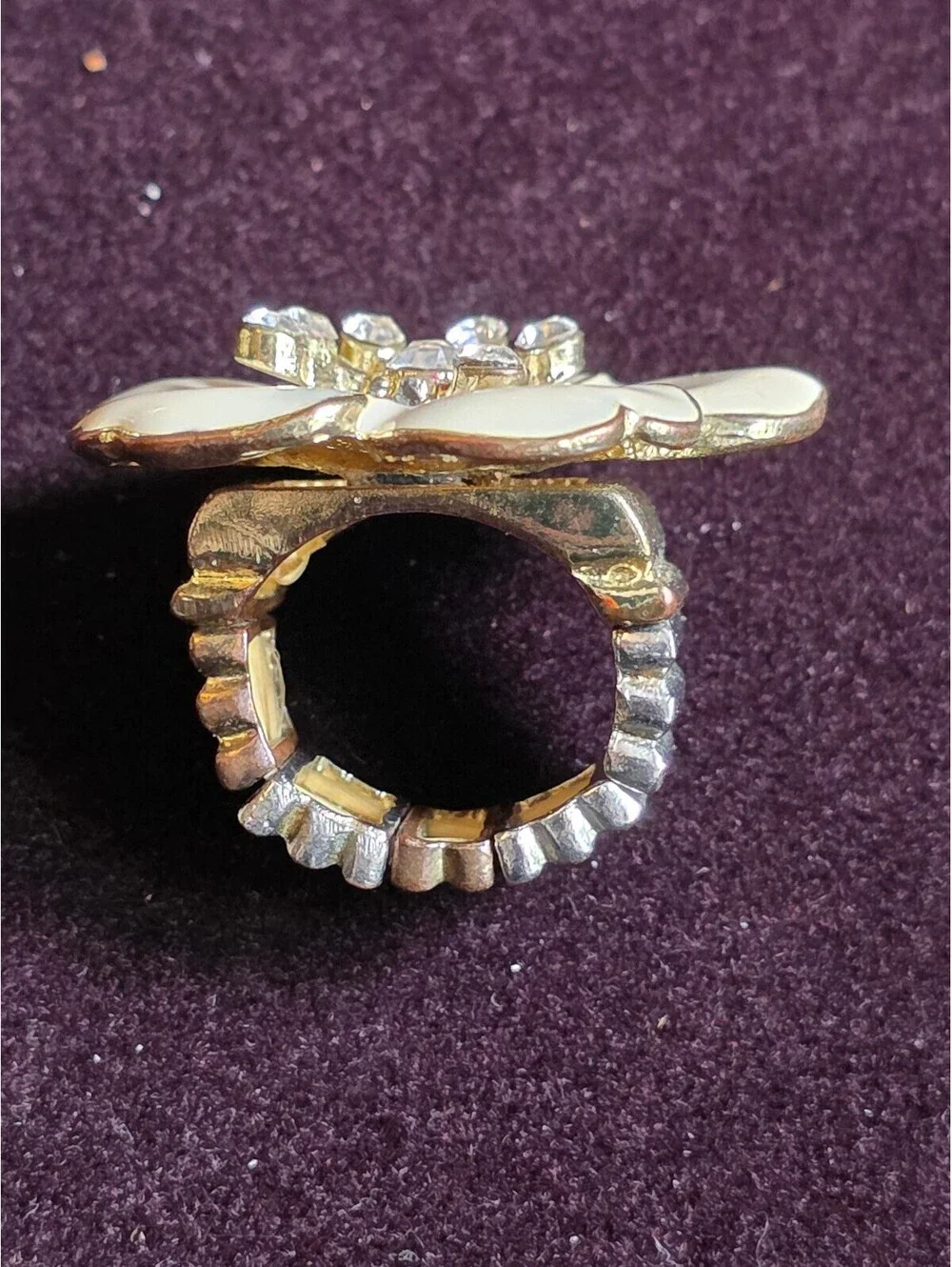 Vintage Cream Enamel Floral Rhinestone Stretch Ring